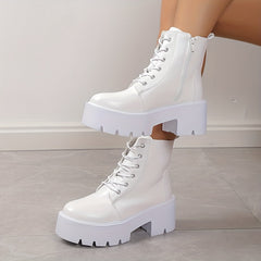 Women's Platform Combat Boots Chunky Heeled Lace Up Ankle Boots