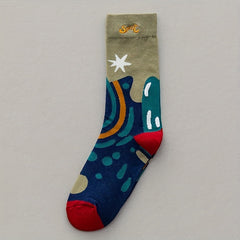 4 Pairs Illustration Print Socks Novelty Funny Mid Tube Stockings