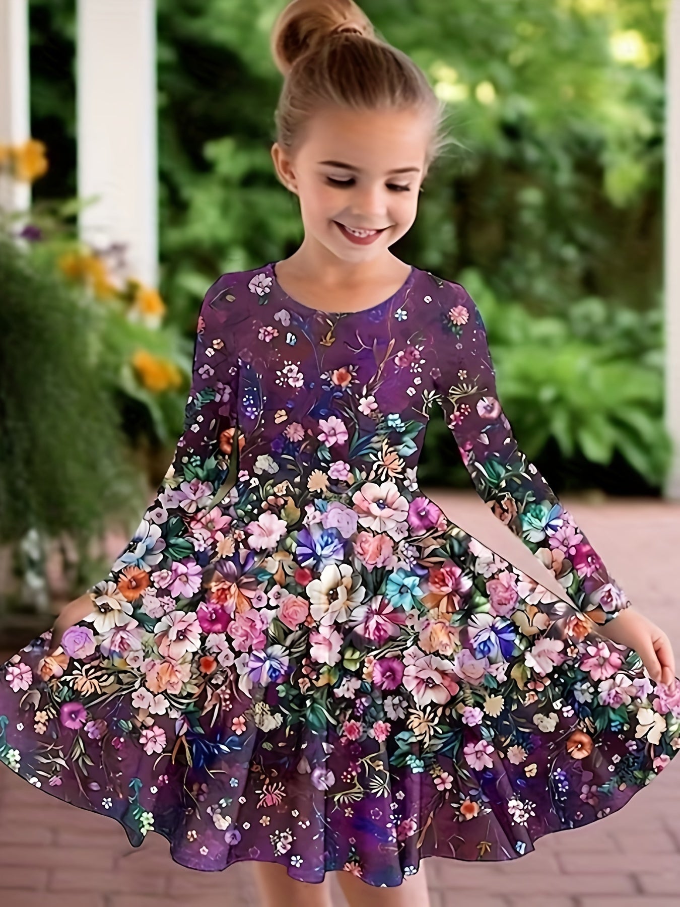 Casual Flower Print Long Sleeve Dress For Spring Fall Party