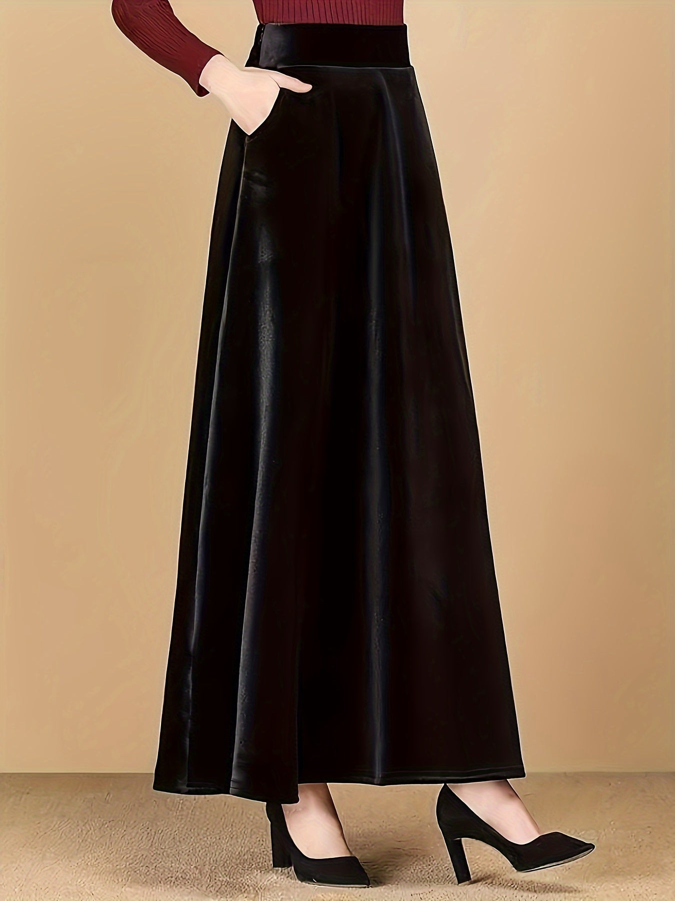 Solid Velvet Elastic High Rise Swing Maxi Skirt