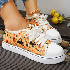 Women's Pumpkin & Cat Print Flats Halloween Lace Up Low Top Canvas Sneakers