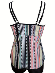 Stripe Print Tankini Set Women's Plus Cami Top & Shorts Swimsuit