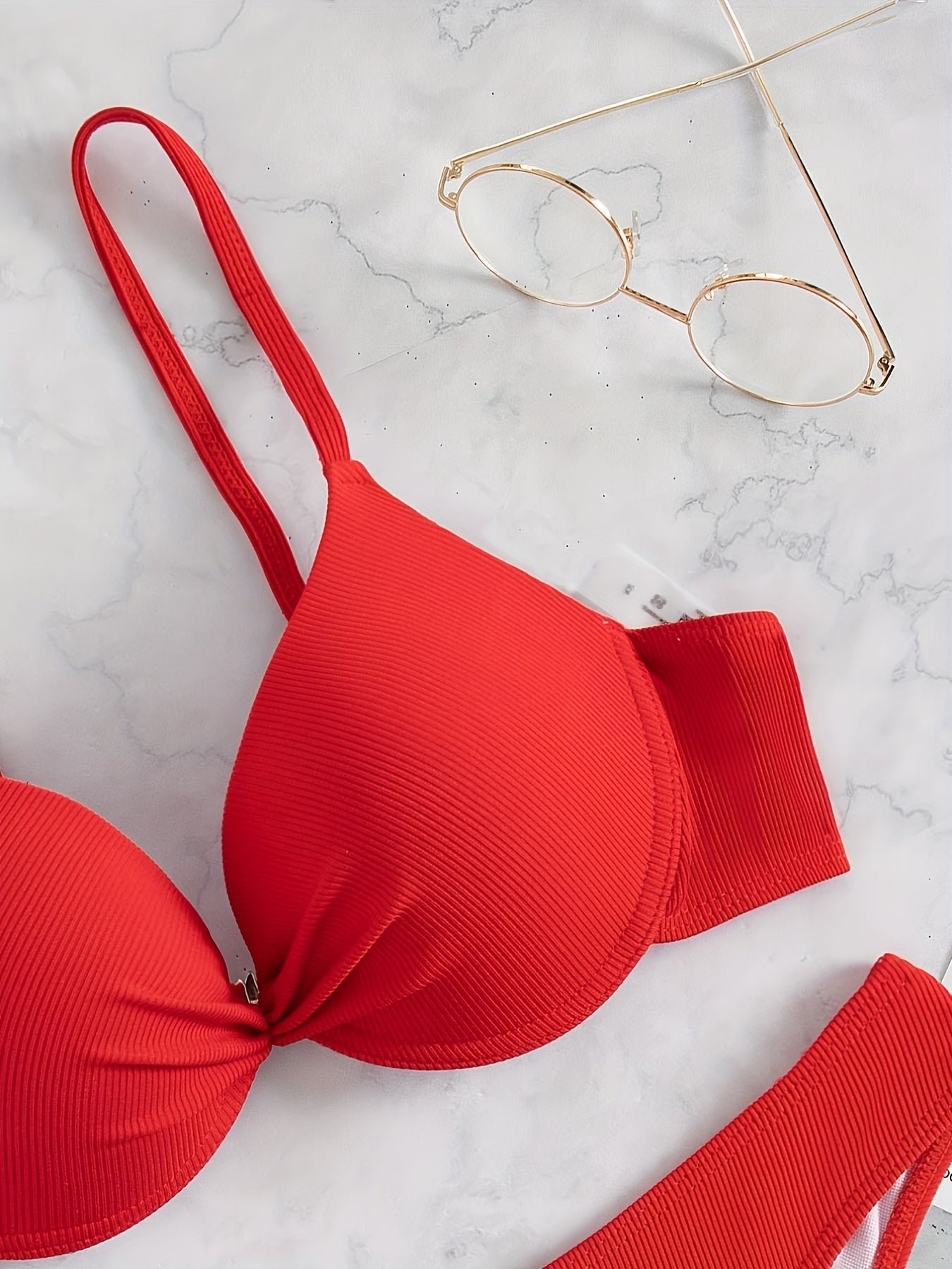 Red Triangle Push Up Bikini Set Spaghetti Straps High Cut 2 Piece Swimsuit
