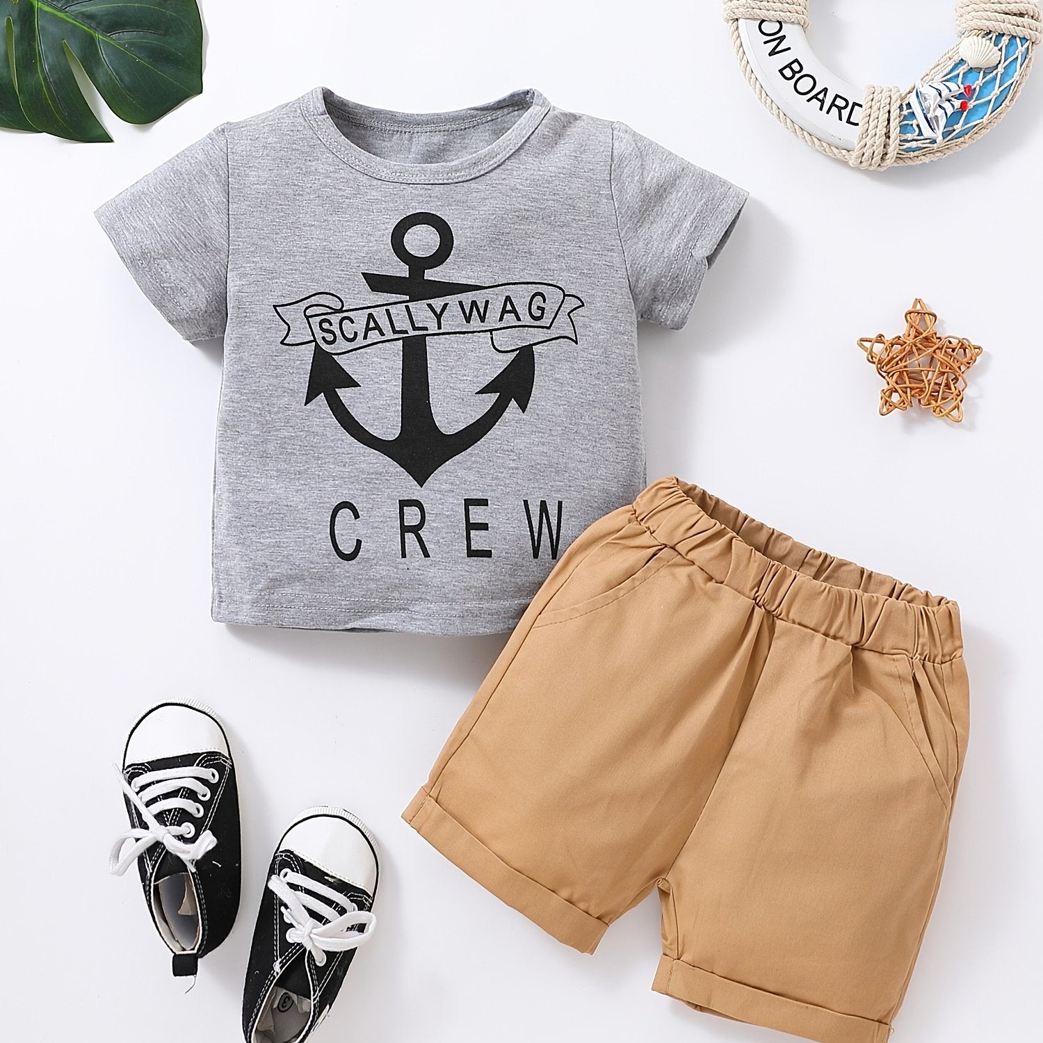 2pcs Boys Anchor & Letter Print Tee Top & Shorts Set Kids Summer Clothes