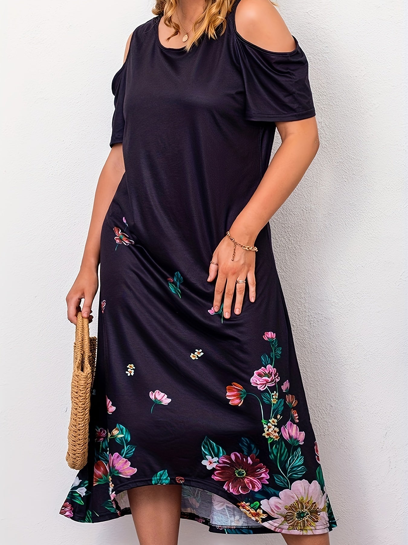 Women's Plus Floral Cold Shoulder Maxi Dress