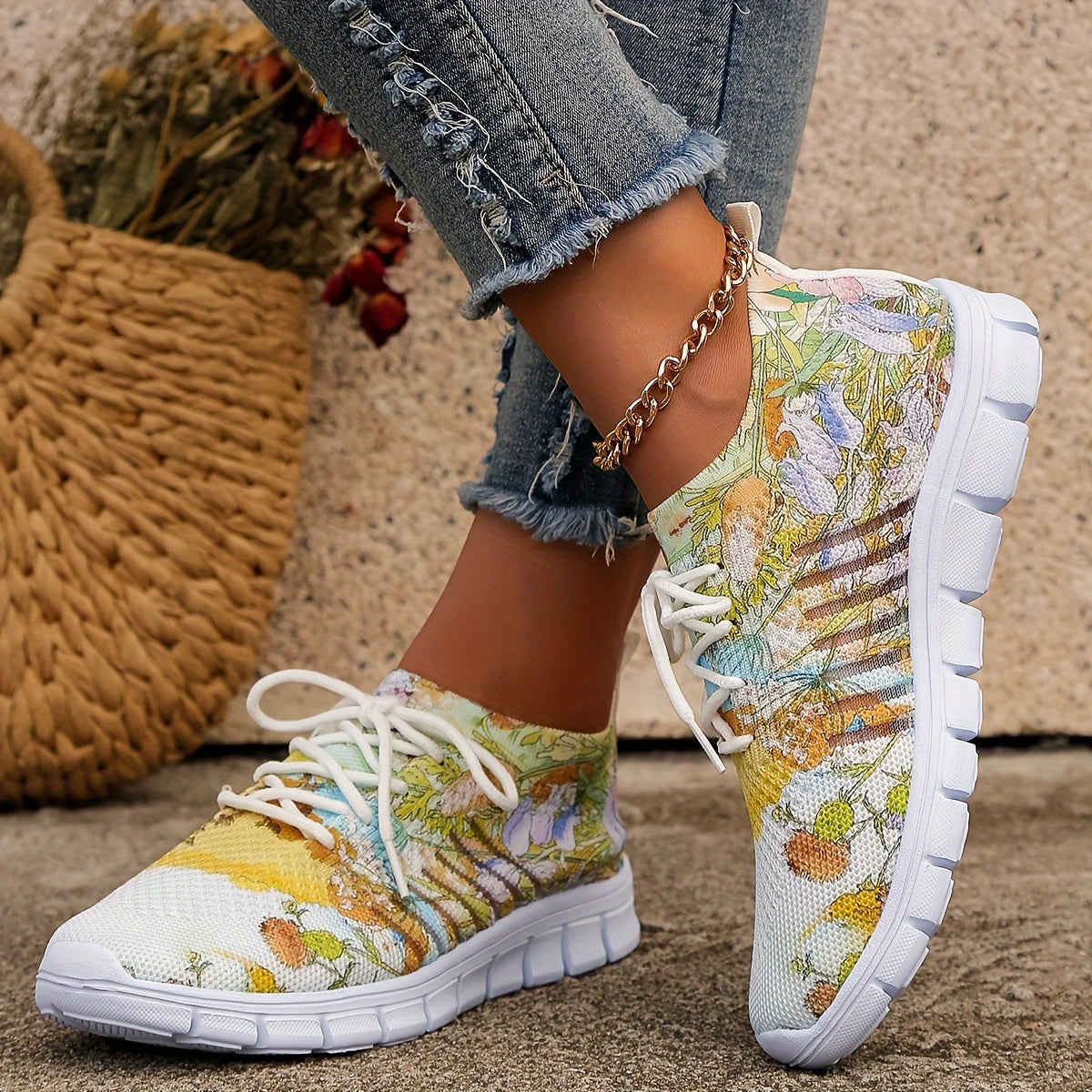 Floral Pattern Low Top Sneakers Women