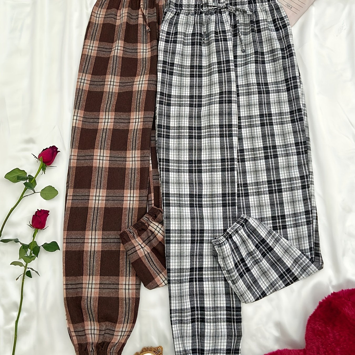 Plaid Sleep Bottoms Elastic Waistband Pants Women's Loungewear