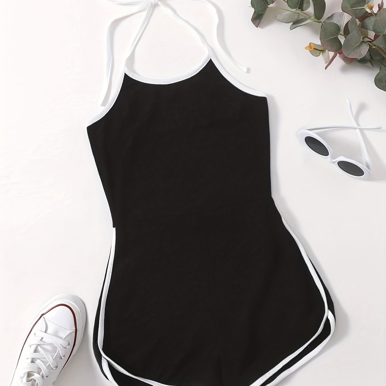 Block Halter Neck Romper Casual Bodycon Wide Leg