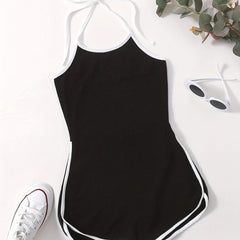 Block Halter Neck Romper Casual Bodycon Wide Leg