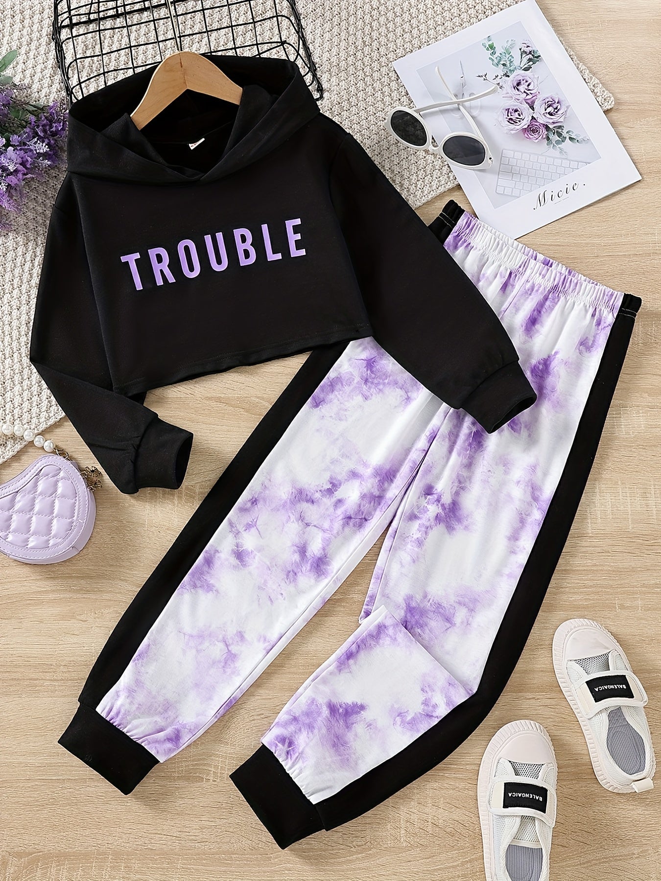 Girls 2pc TROUBLE Letter Hoodie Set Colorblock Tie dye Pants Kids Casual Suit