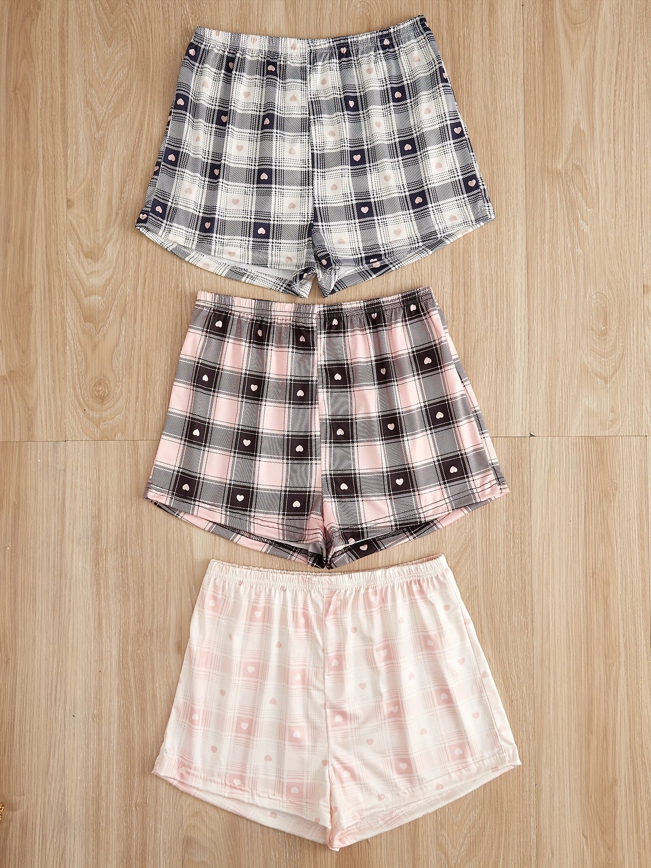 Heart Print Sleep Bottoms Plaid Elastic Waistband Shorts