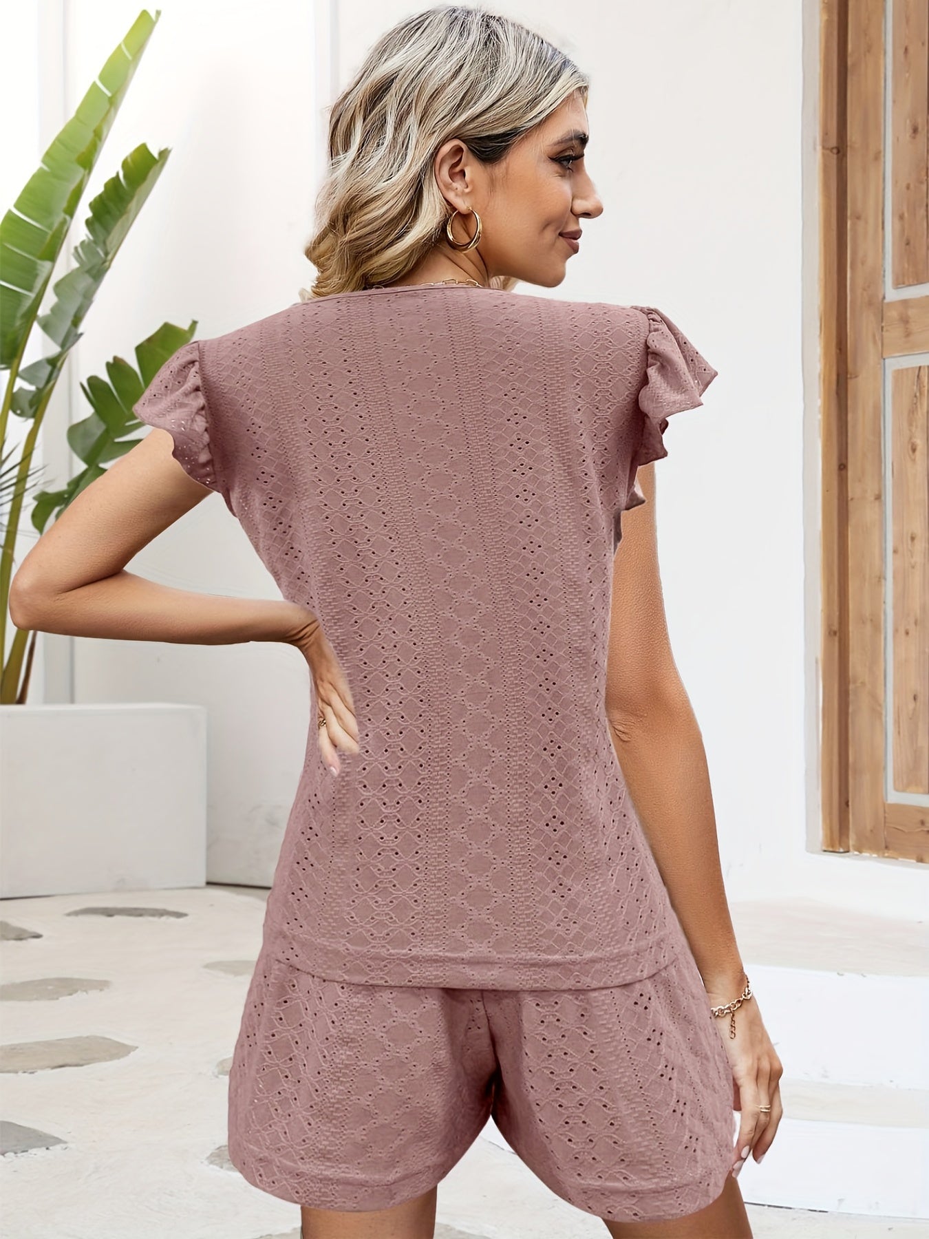 Eyelet Casual Two piece Set V Neck Flutter Sleeve Top & Elastic Waist Shorts