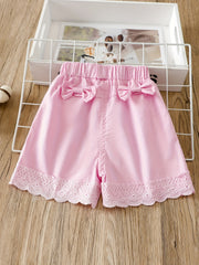 2PCS Toddler Girls Lace Trim Elastic Waist Bow Pocket Casual Shorts