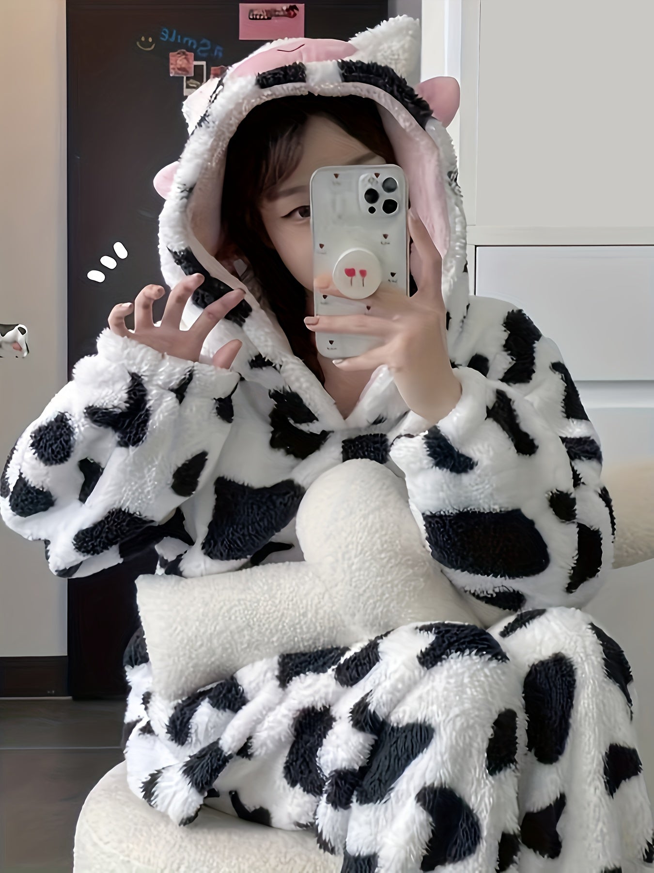 Cow Spot Fuzzy Pajama Set with Hood & Pants