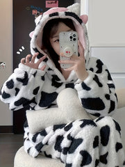 Cow Spot Fuzzy Pajama Set with Hood & Pants