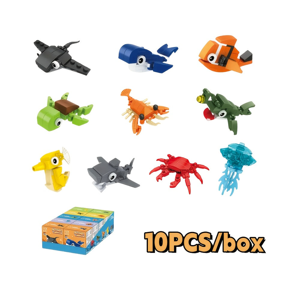 10pcs Marine Animal Building Block Set - Seahorse, Octopus, Crab, Turtle