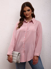 Solid Ribbed Button Up Long Sleeve Blouse