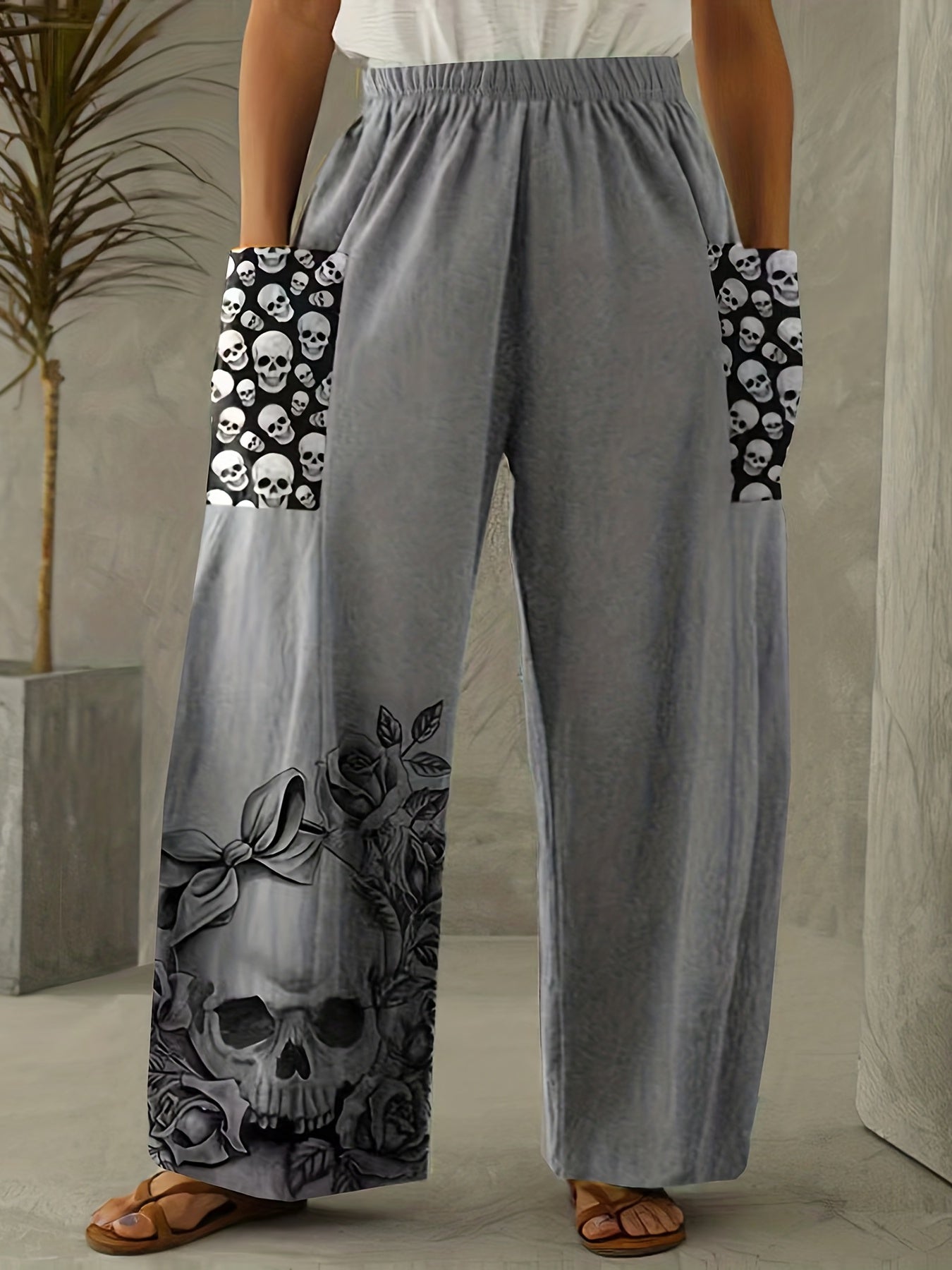 Skull Pattern Wide Leg Pants Casual Loose Pants