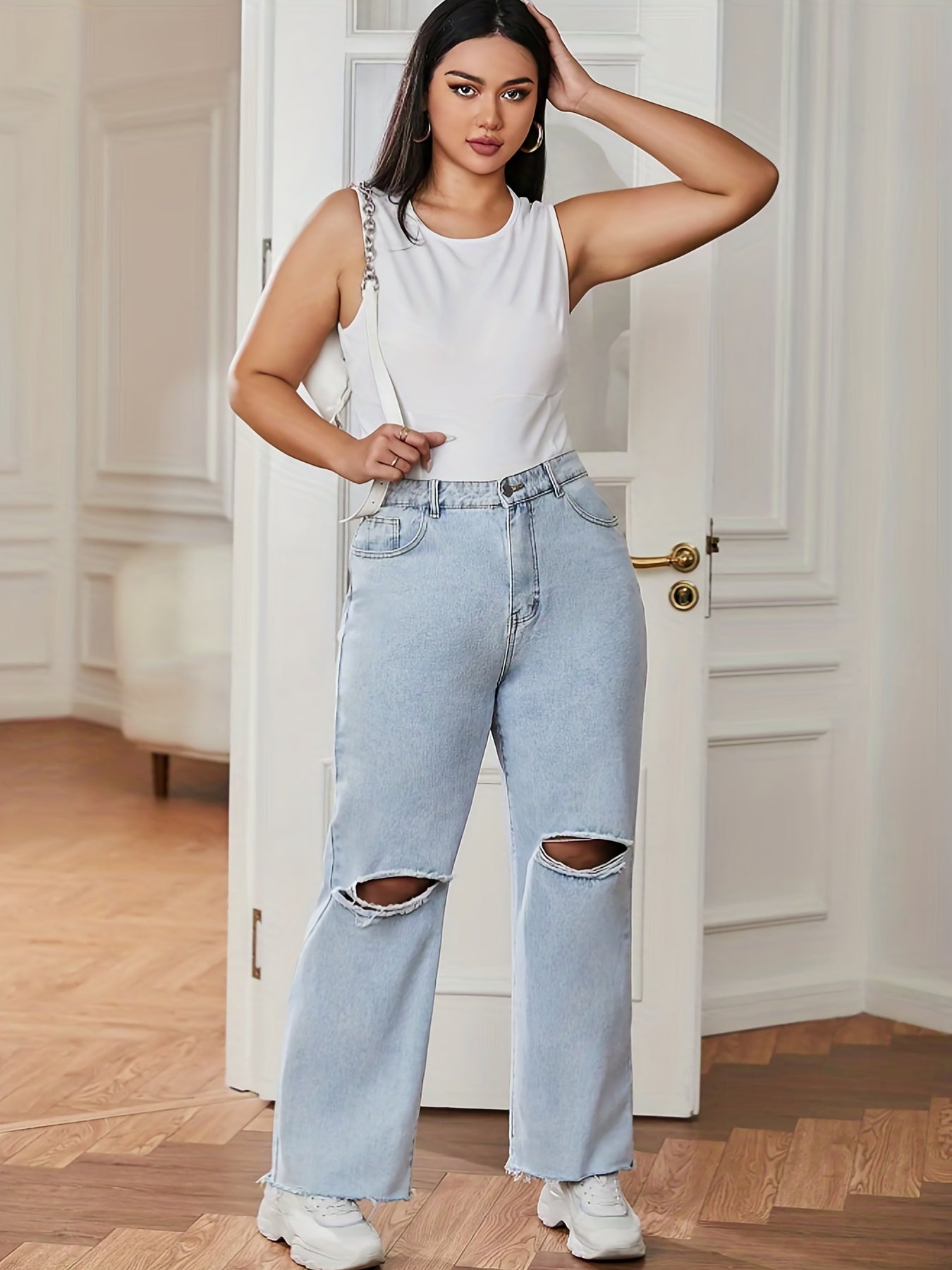 Solid Button Fly Ripped Fringe Wide Leg Jeans
