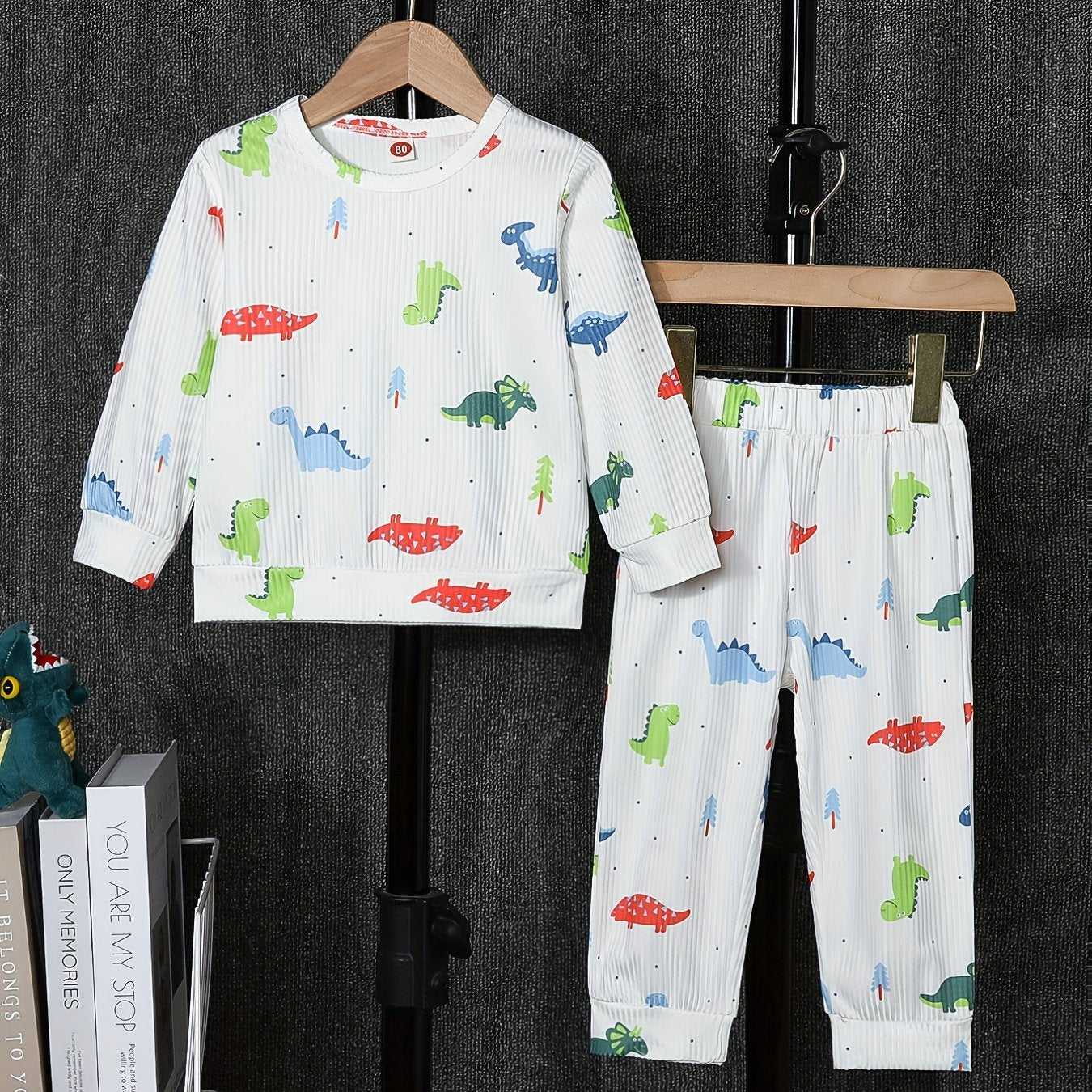2pcs Dino Graphic Print Pullover & Pants Set for Baby Boys & Girls
