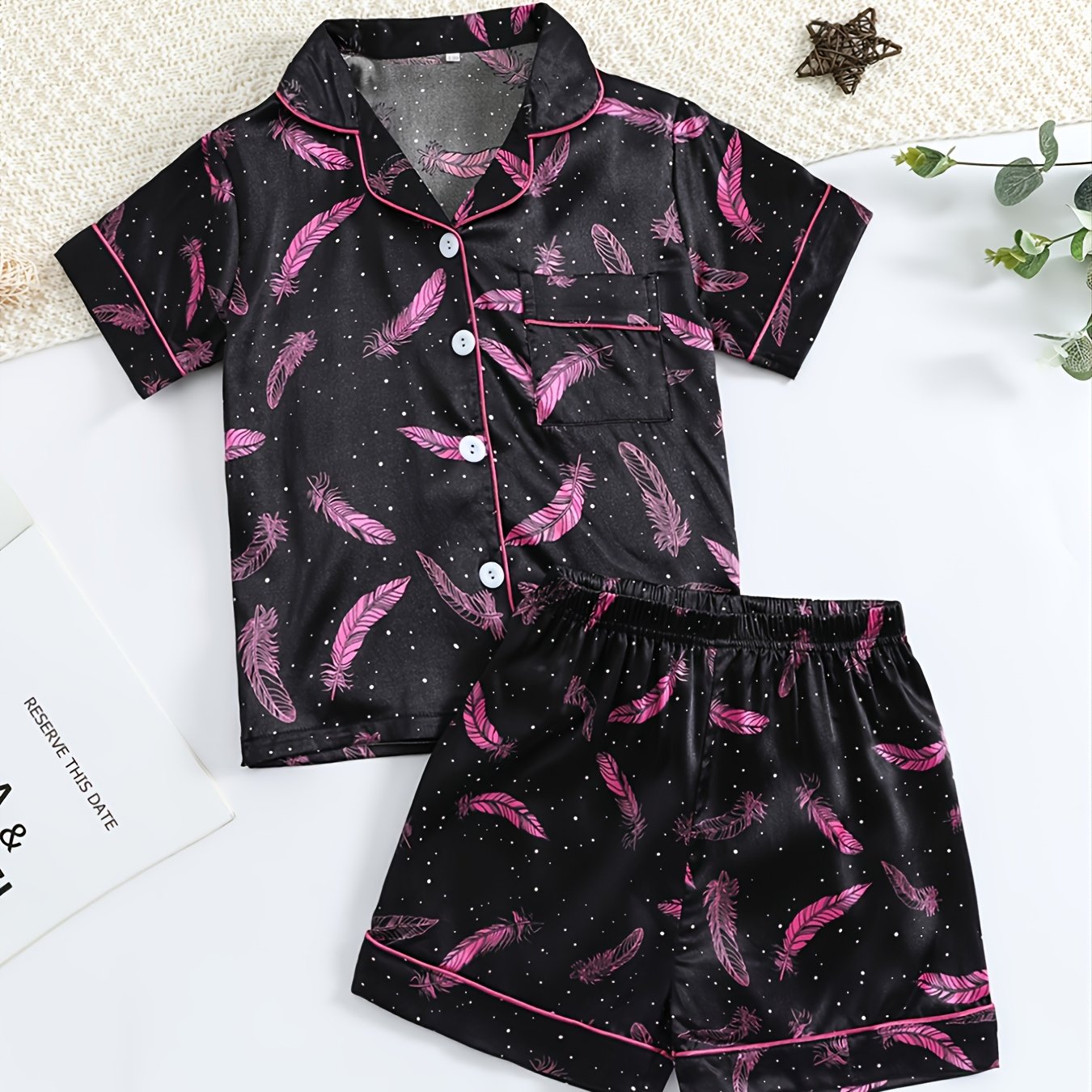 Girls Pink Feather Printed Pajama Set
