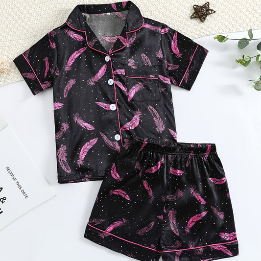 Girls Pink Feather Printed Pajama Set