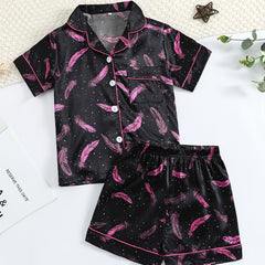 Girls Pink Feather Printed Pajama Set