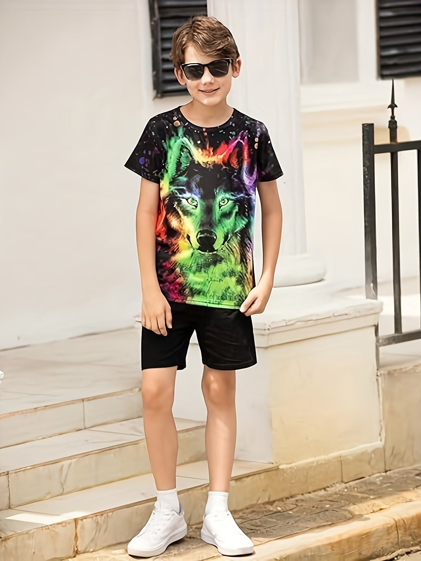 Tie Dye Wolf Graphic Short Sleeve T-shirt Loose Fit Breathable Pullover