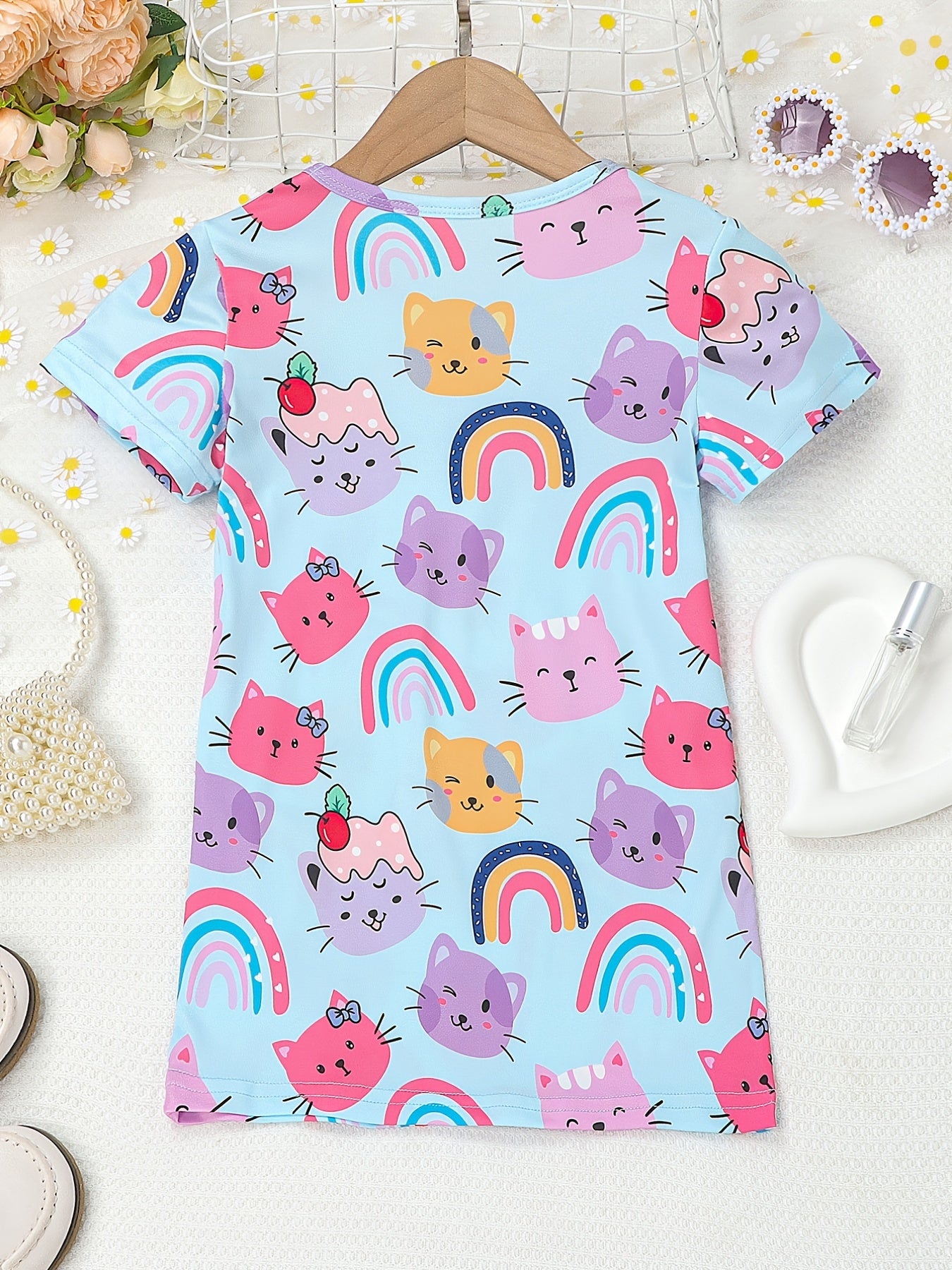 Girls Cats & Rainbows Straight T Shirt Dress Lounge Vacation Casual