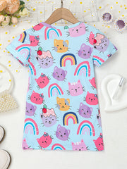 Girls Cats & Rainbows Straight T Shirt Dress Lounge Vacation Casual