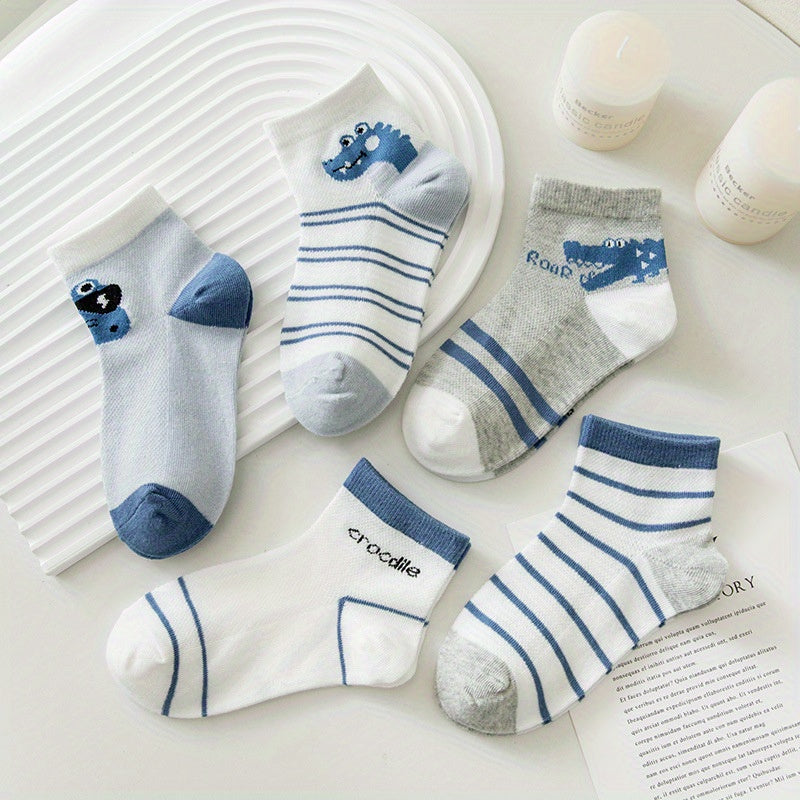 5 Pairs Kids Mesh Breathable Crew Socks Cartoon Crocodile Stripe Design