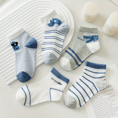 5 Pairs Kids Mesh Breathable Crew Socks Cartoon Crocodile Stripe Design