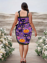 Cat & Pumpkin Print One Piece Swimsuit & Wrap Cover Up Set