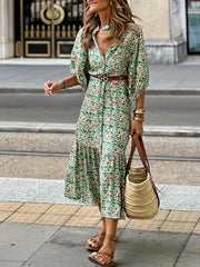 Women's Plus Ditsy Print Bubble Sleeve V Neck Button Up Smock Dress