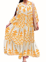Geo Print Tiered Dress Button Front Boho Long Sleeve