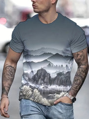 Mountain Print T shirt Men's Casual Street Style Stretch Tee Shirt