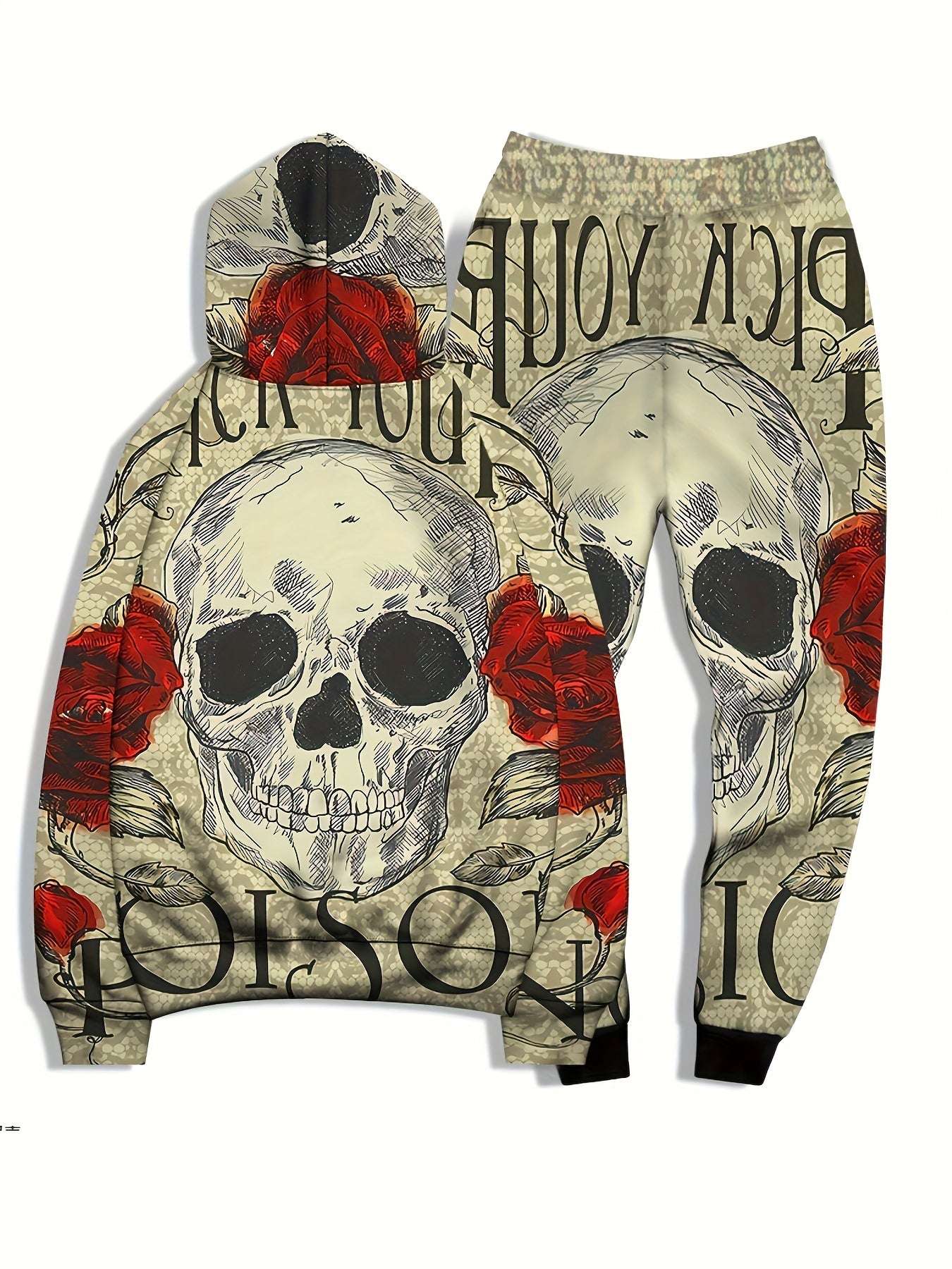 Skull & Roses Print Men's Hoodie & Sweatpants Set for Autumn Winter