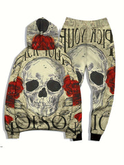 Skull & Roses Print Men's Hoodie & Sweatpants Set for Autumn Winter