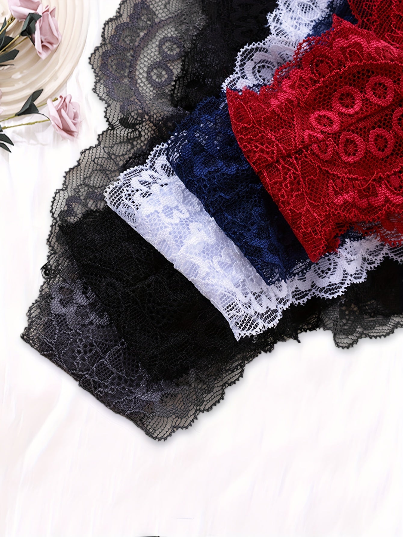 5pcs Floral Lace Panties Soft & Comfy Low Waist Stretchy Panties