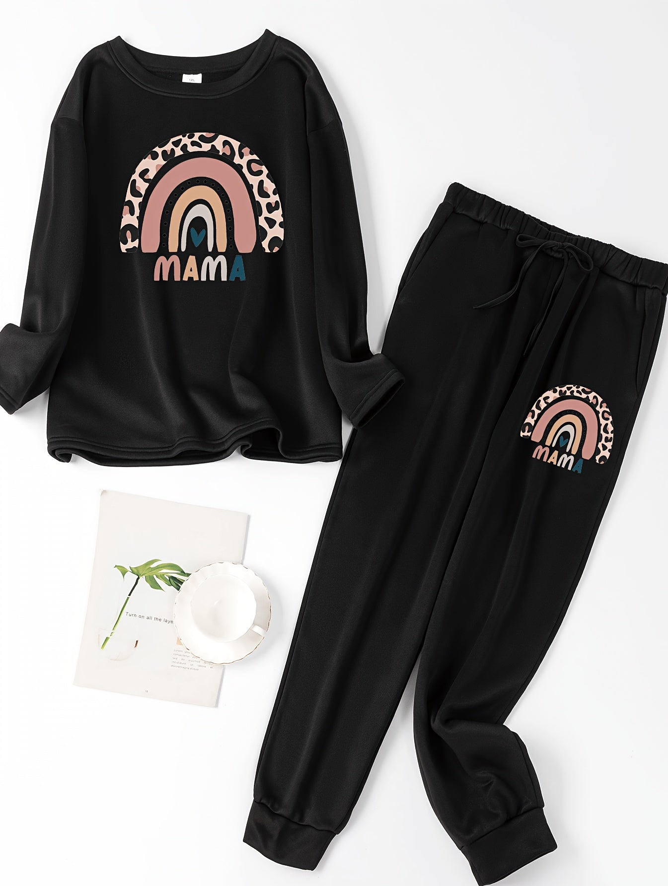 Leopard Print Lounge Set Fleece Top & Tie Joggers Pajama