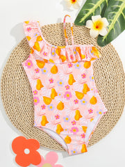 Girls Ruffle Pear Floral Print One Piece Swimsuit