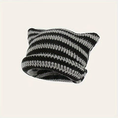 Cat Ears Stripe Knitted Hat Warm And Comfortable Ski Hat