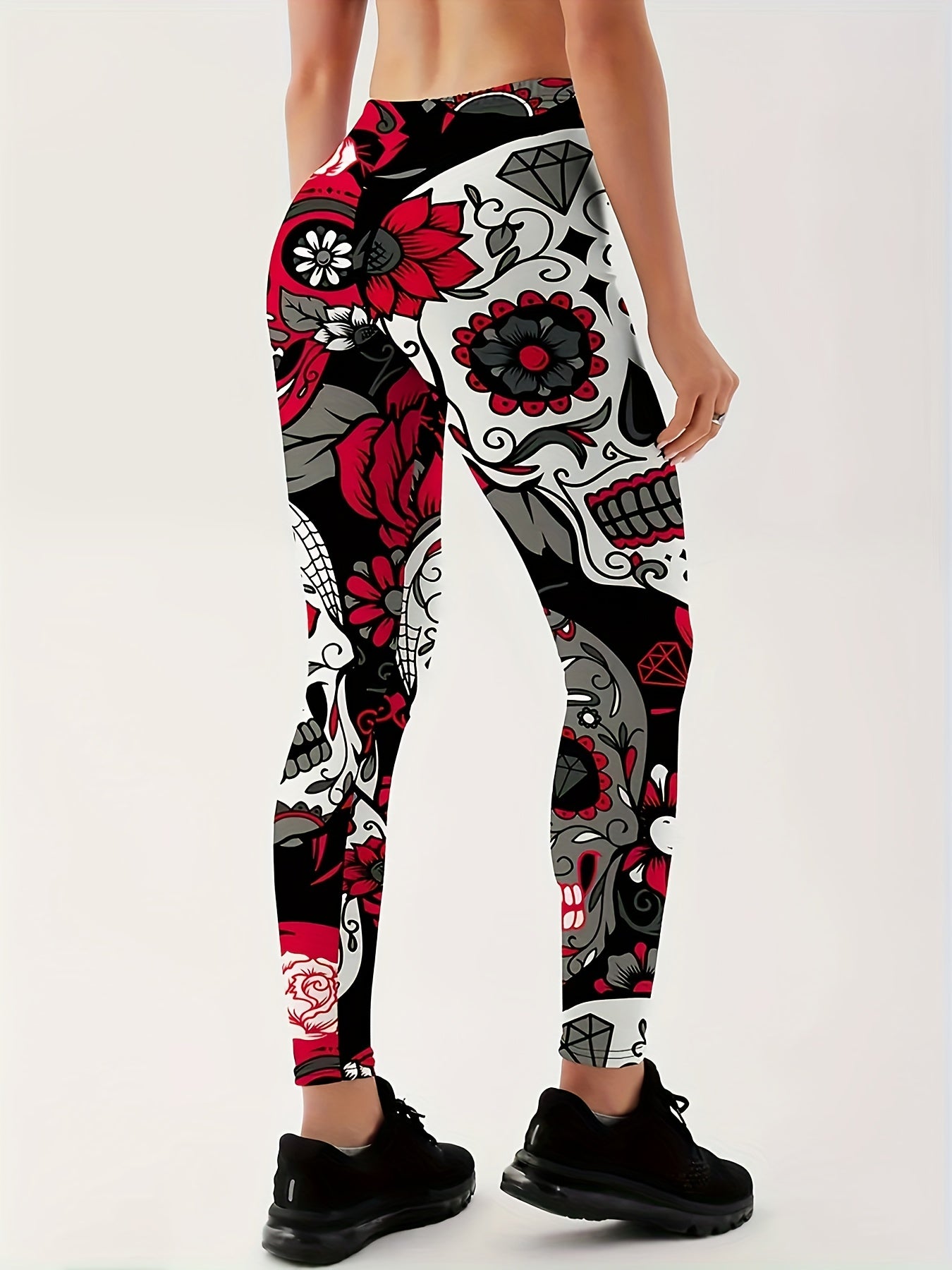 Halloween Leggings Women's Skull & Floral Print High Rise
