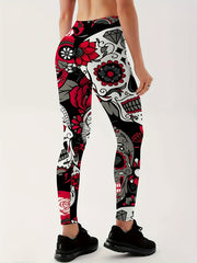 Halloween Leggings Women's Skull & Floral Print High Rise