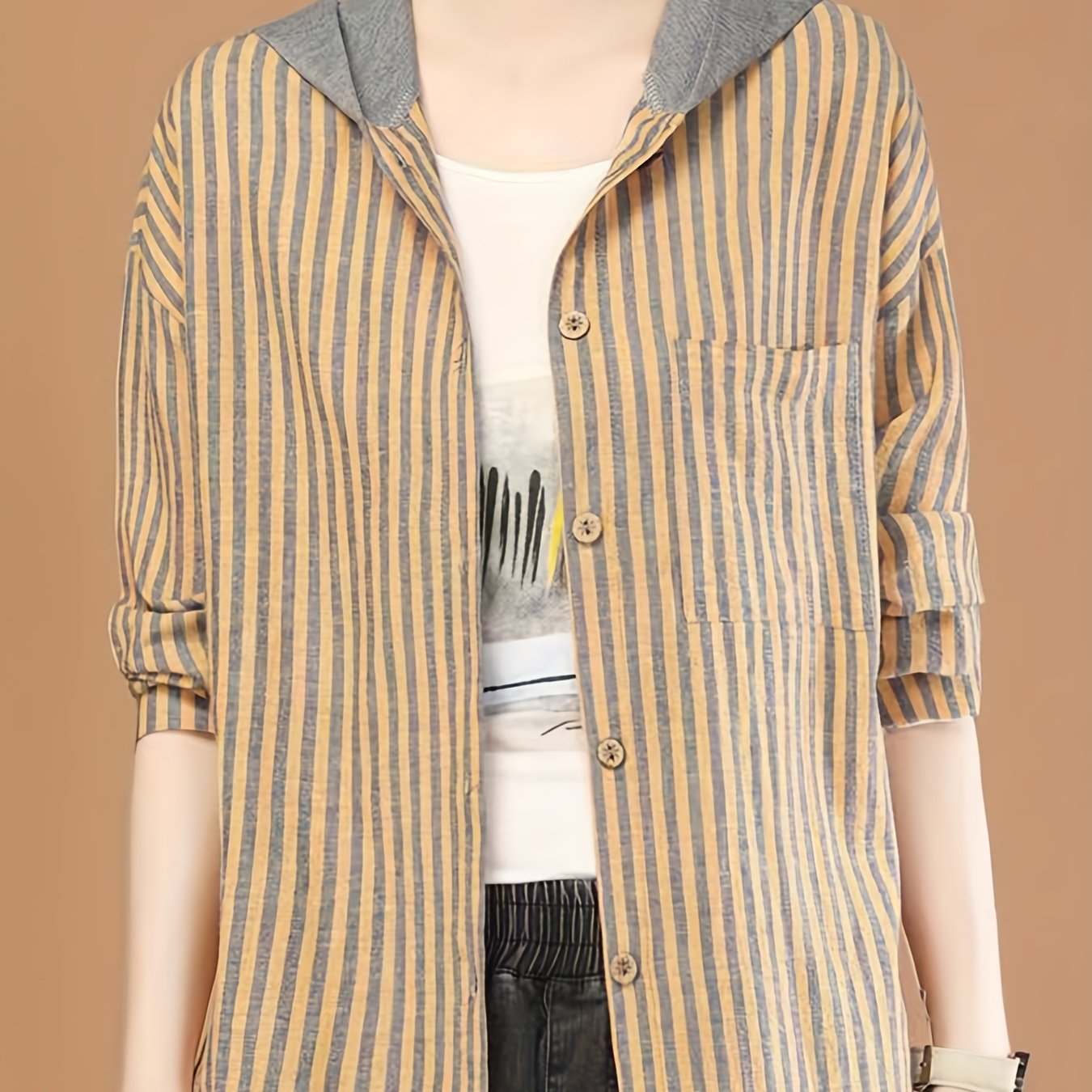 Striped Button Front Hooded Jacket Spring & Fall Women's Clothing