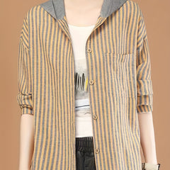Striped Button Front Hooded Jacket Spring & Fall Women's Clothing