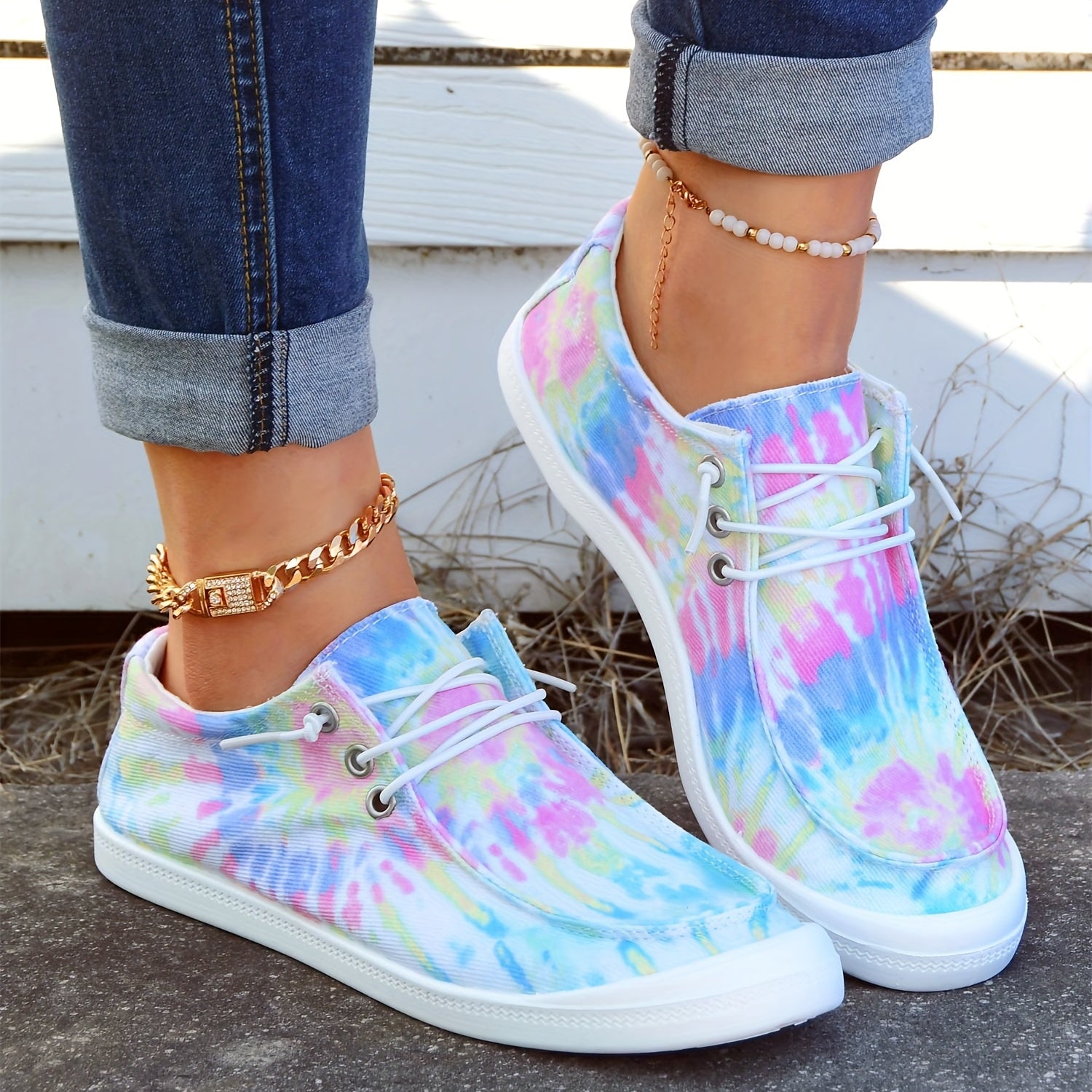 Tie Dye Canvas Lace Up Low Top Flat Shoes for Women