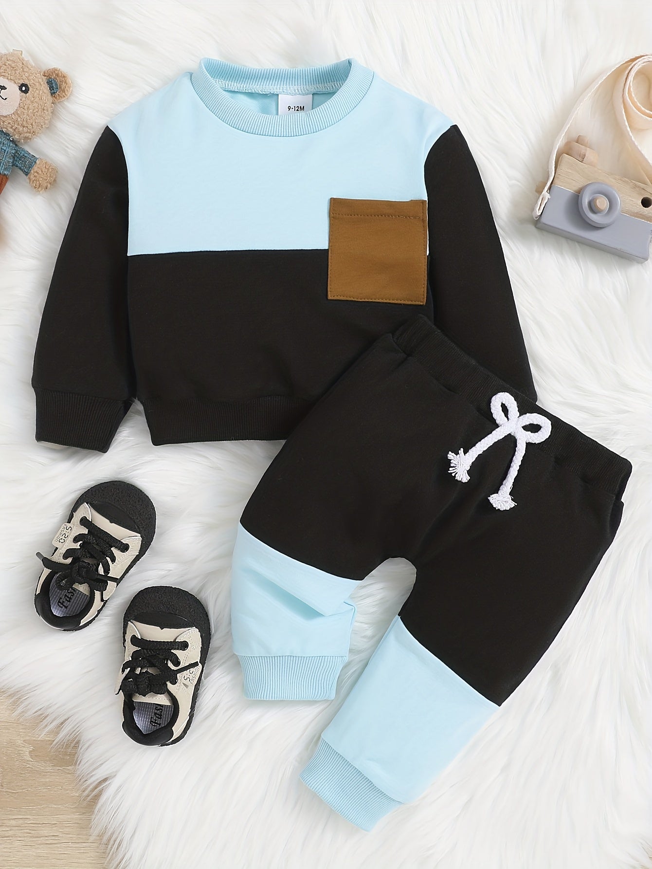 Baby Boys Block Long Sleeve Top Pants Set Fall Winter Outfit