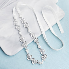 Bridal Pearl Waist Chain Belt with Rhinestone Floral and Faux Pearls