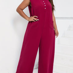 Button Up Mock Neck Wide Leg Jumpsuit